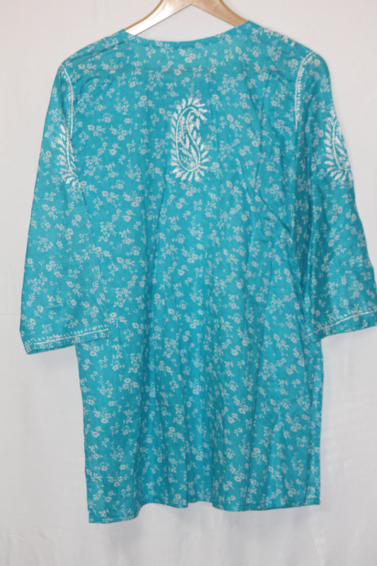 Thriftyfy Medium Blue Cotton Embroidered Blouse