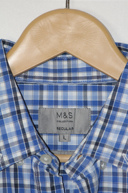 M&S Blue Checkered Half Sleeves Shirt – Large (Men)