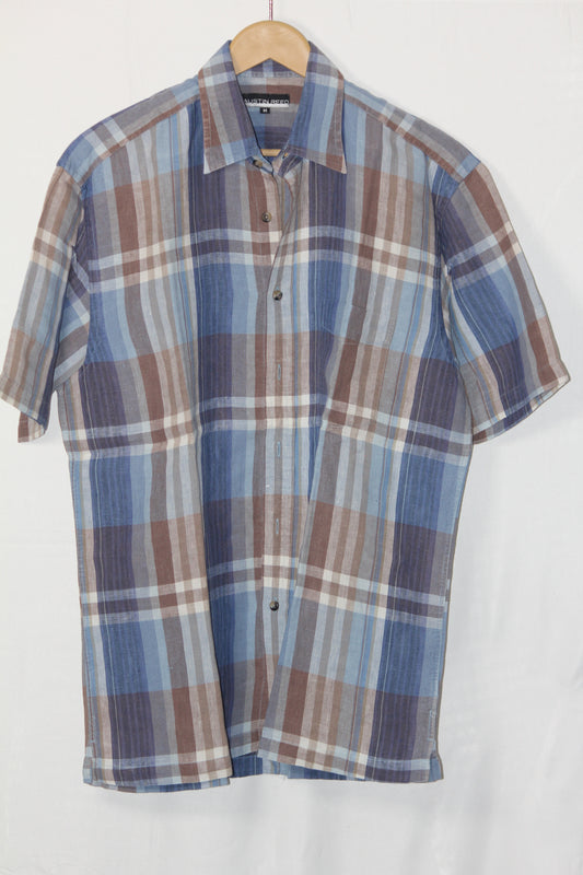 Austin Reed Blue & Brown Check Linen Shirt – Medium (Men)