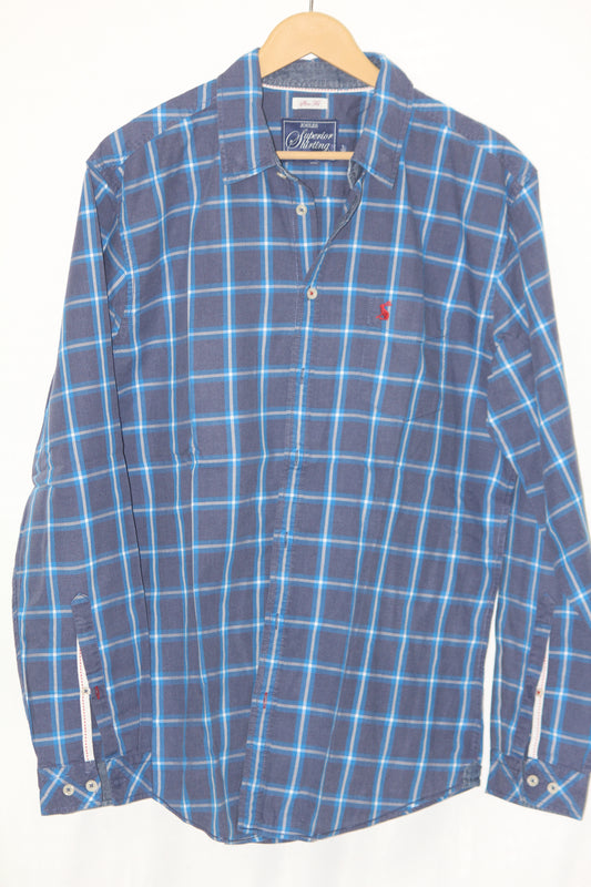 Superior Hirting Navy Checkered Button Down Shirt – Large (Men)