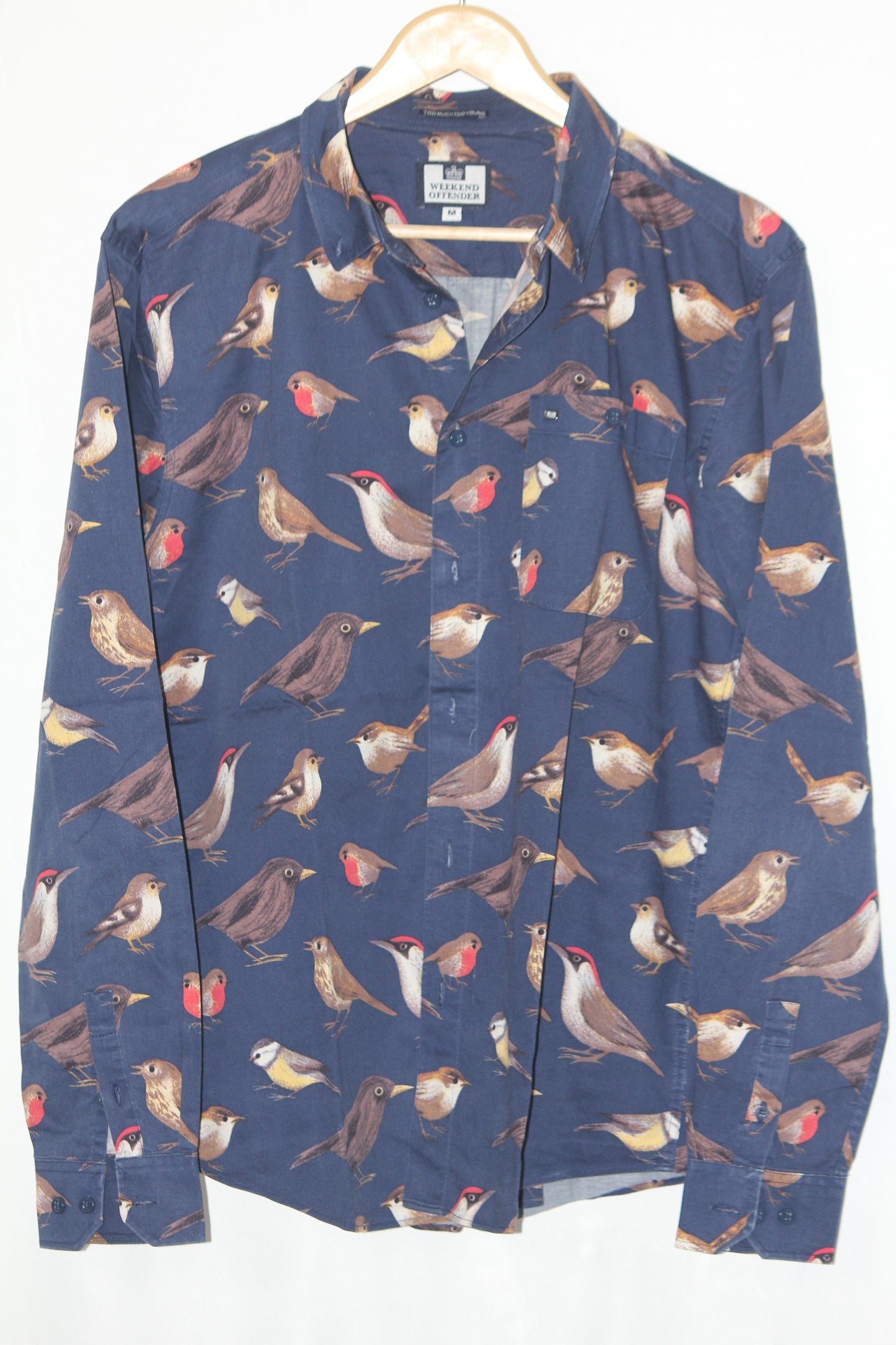 Weekend Offender Navy Bird Print Shirt – Medium (Men)