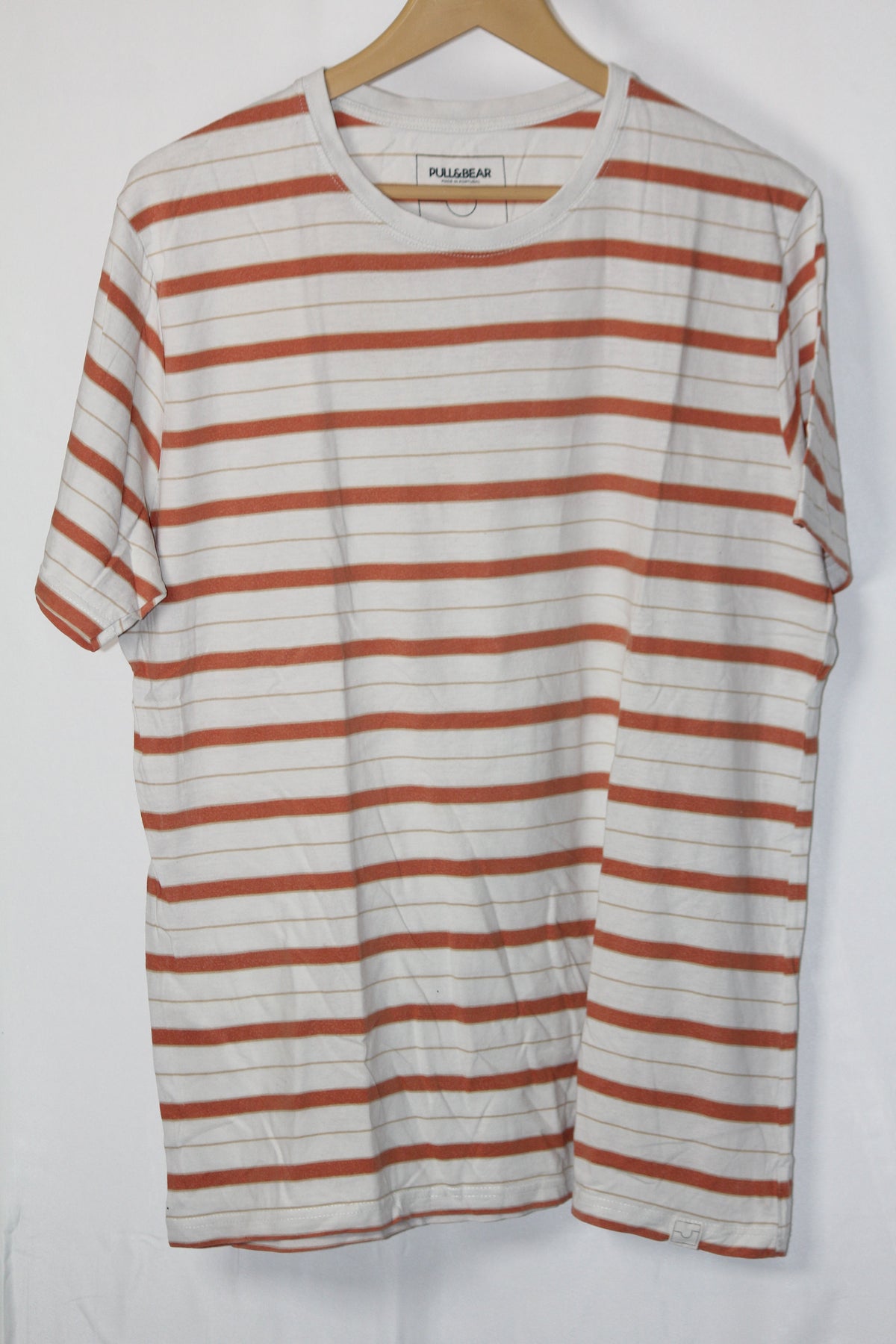 Pull & Bear White & Orange Striped T-Shirt