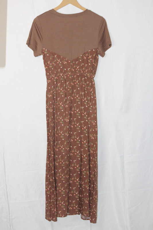 Shaoxing LAMY Brown Floral Long Dress – Elegant Half Sleeve Style