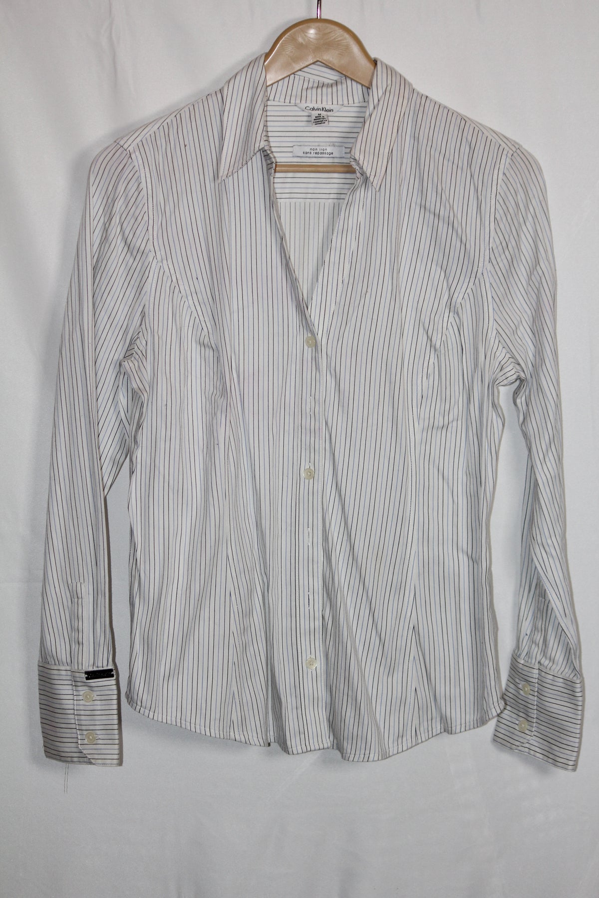 Calvin Klein White & Black Striped Cotton Shirt – Medium