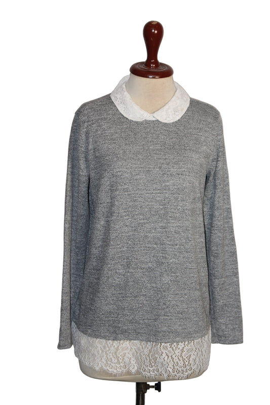 Tu Grey Sweatshirt with White Lace Collar - Medium