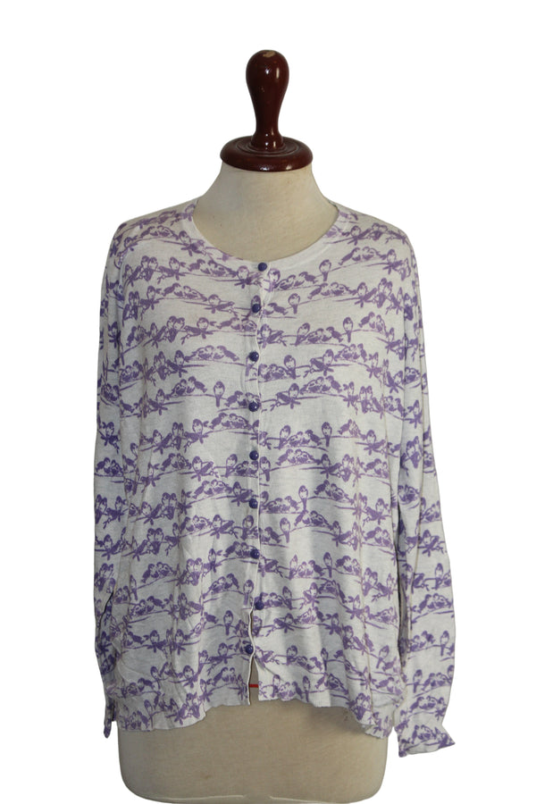 M&S Women's White Sweater with Purple Bird Print