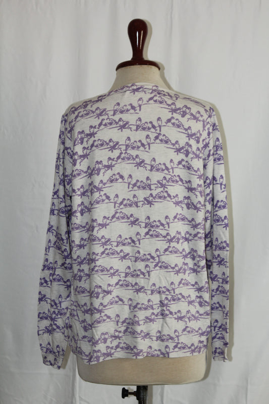 M&S Women's White Sweater with Purple Bird Print