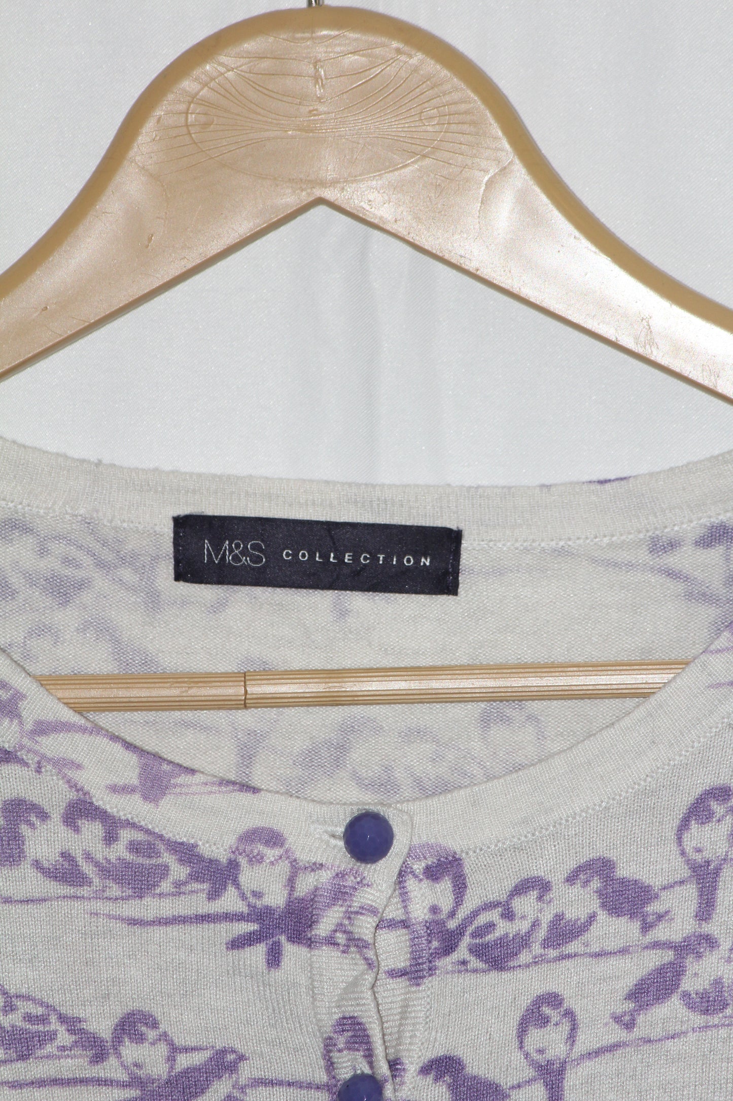 M&S Women's White Sweater with Purple Bird Print