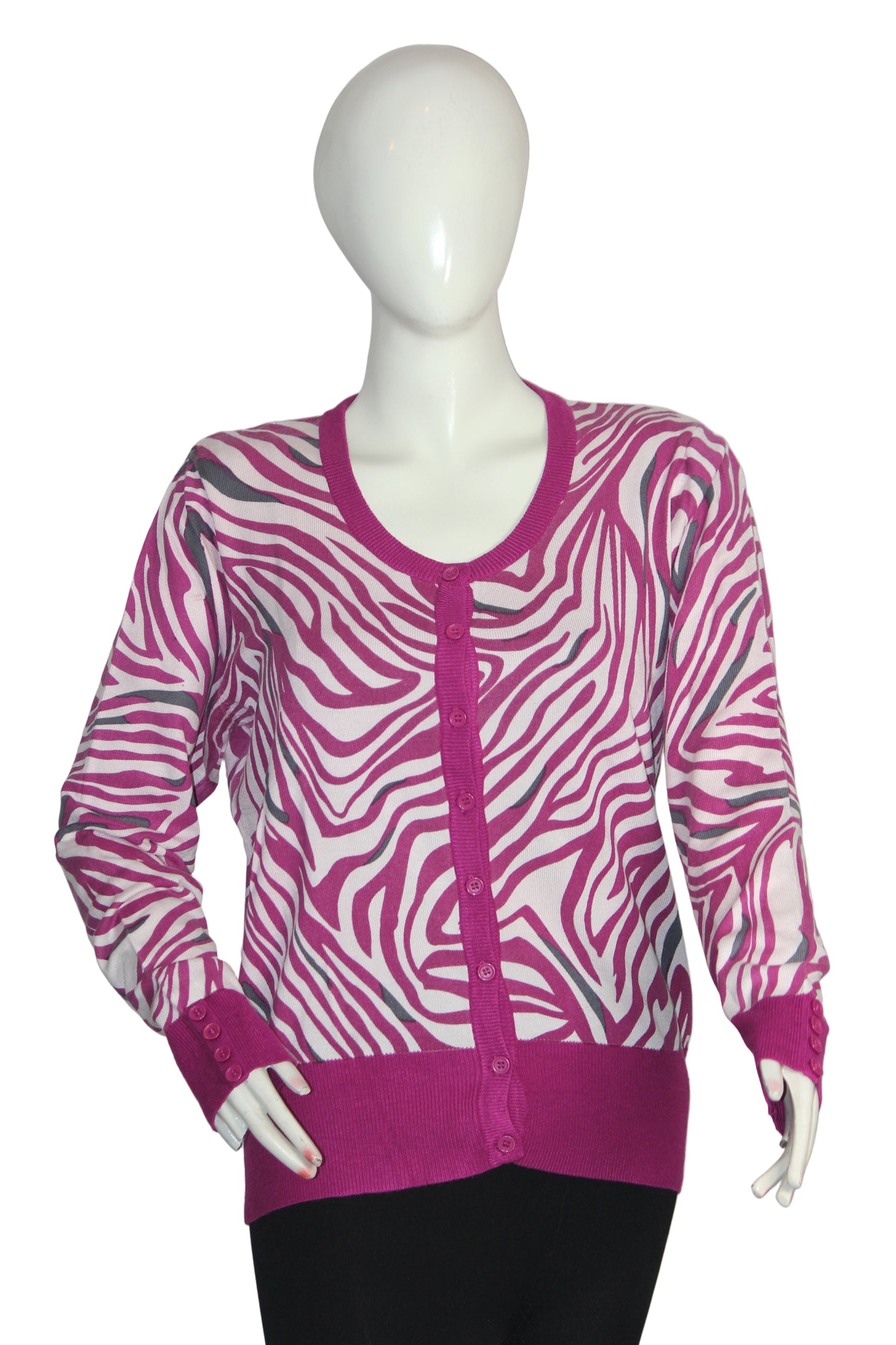 FEMME Pink & White Striped Button-Down Sweater (Large)