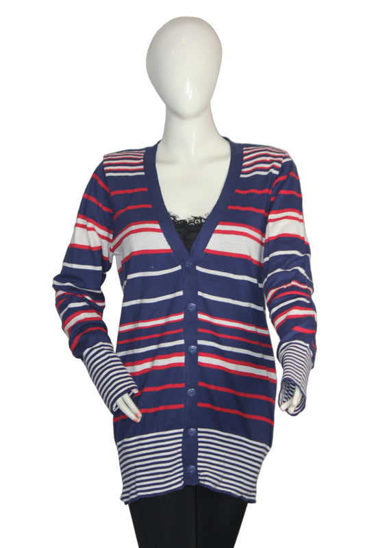 M&S Navy Blue Striped Cotton Button-Down Sweater (Large)