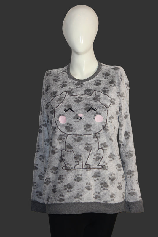 Grey Cat Print Winter Fleece sweatshirt