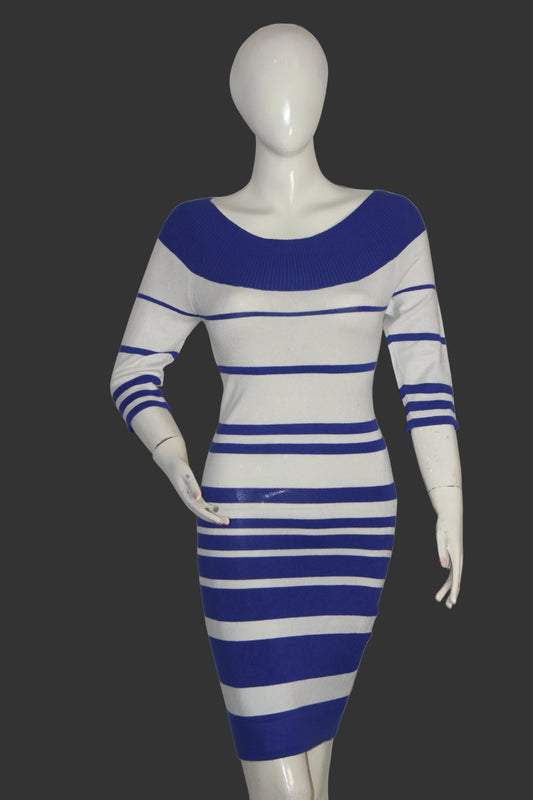 Jane Norman White & Blue Striped Bodycon (Small)