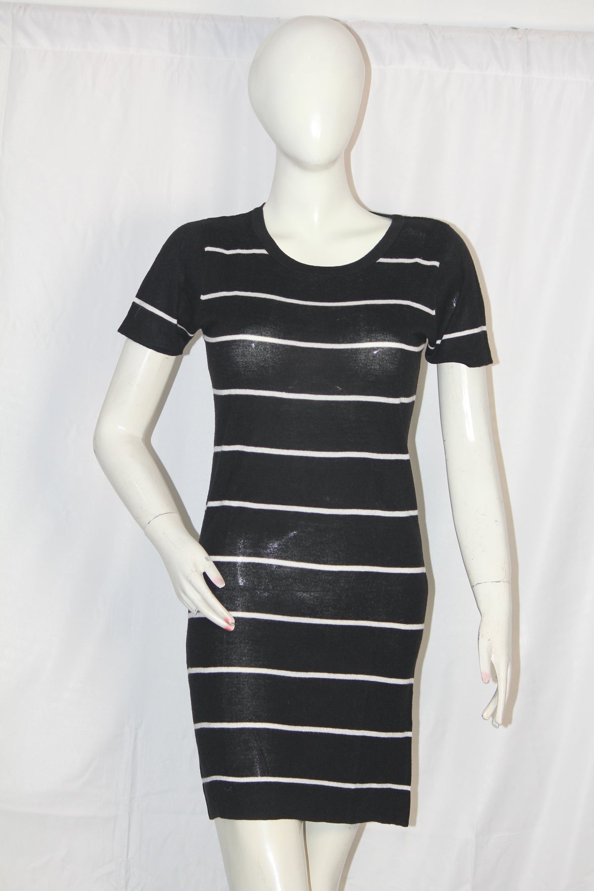 ThriftyFy Black Half Sleeve Striped Bodycon (Medium)