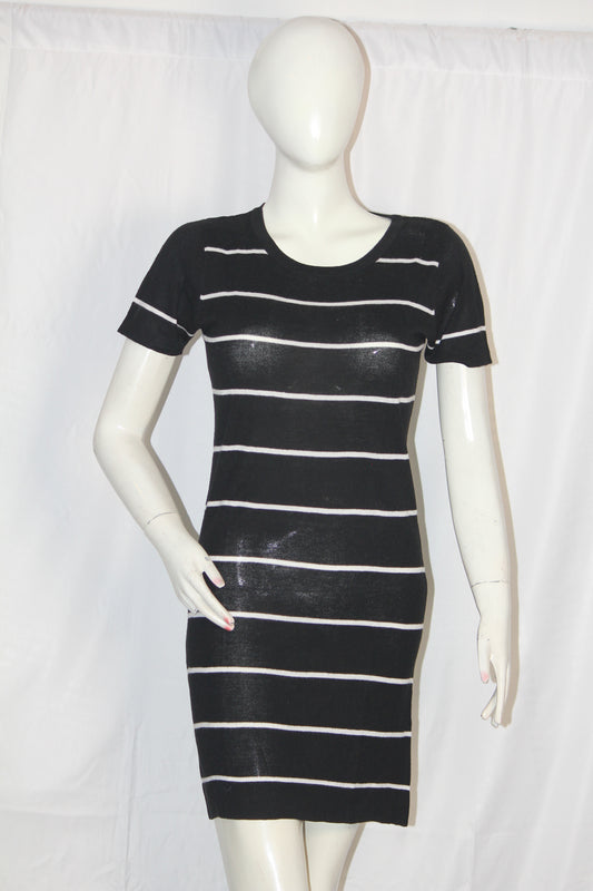 ThriftyFy Black Half Sleeve Striped Bodycon (Medium)