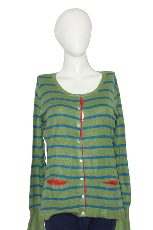 Passport Green & Blue Striped Button-Down Sweater (Medium)