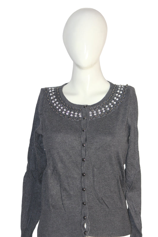 M&S Women Grey Button-Down Textured Sweater – Medium