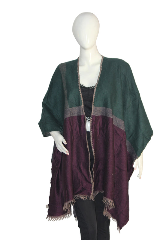 Thriftyfy Maroon, Green & Blue Patterned Modal Winter Cape