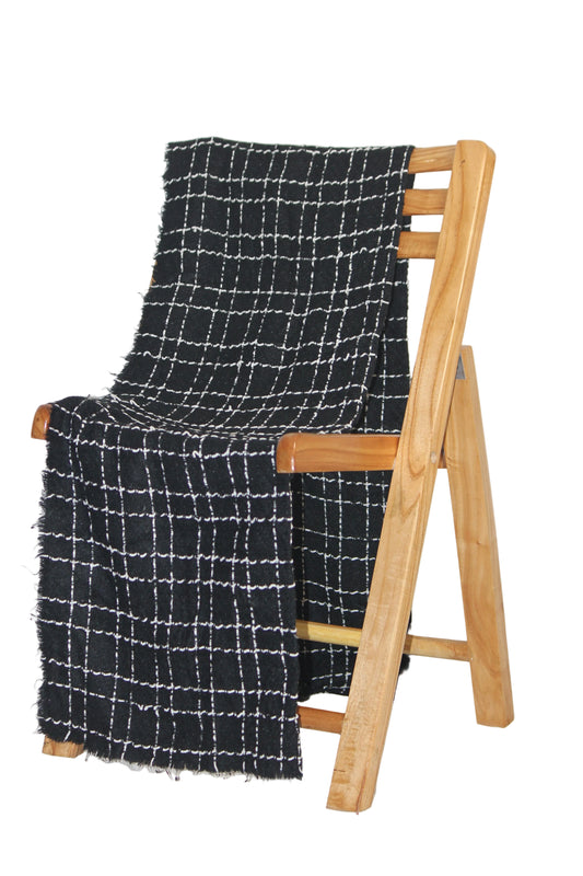 Zara Black Wool Shawl - Black and White Line Design