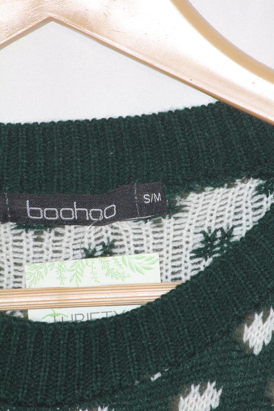 Boohoo Green & White Embroidered Sweater