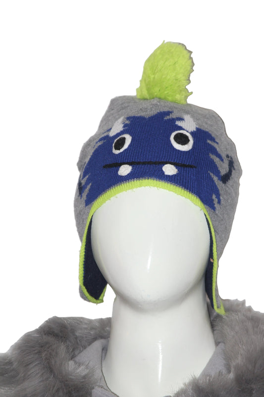Grey Cartoon Winter Cap – Fun & Cozy Knit Beanie for Kids
