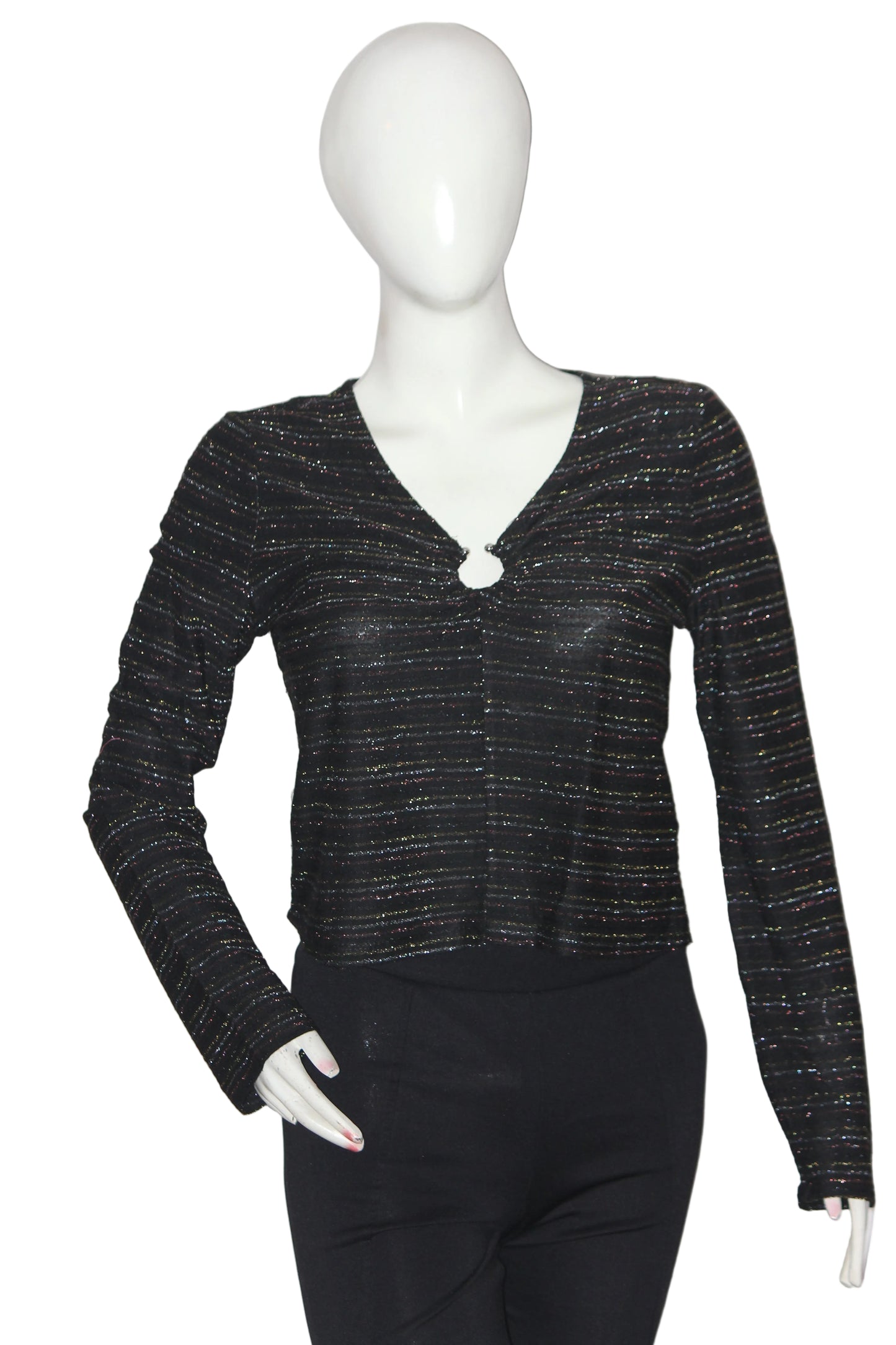 Page One Black Metallic Stripe Full Sleeve Crop Top