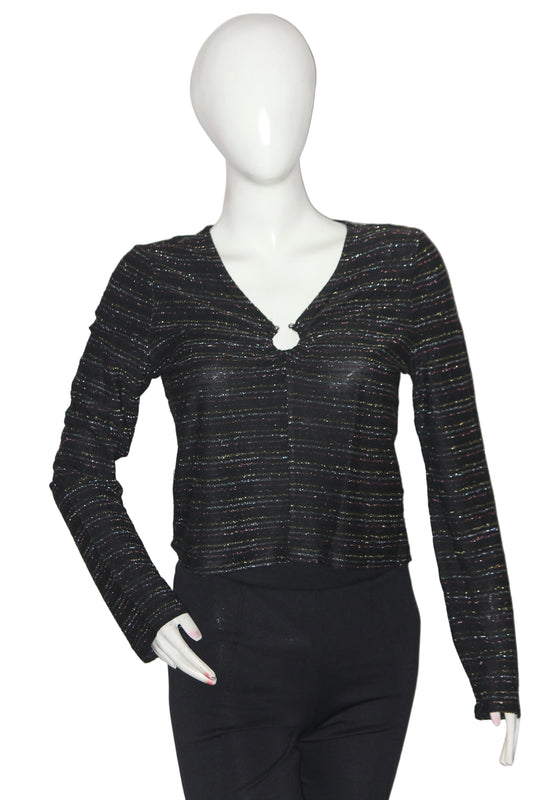 Page One Black Metallic Stripe Full Sleeve Crop Top