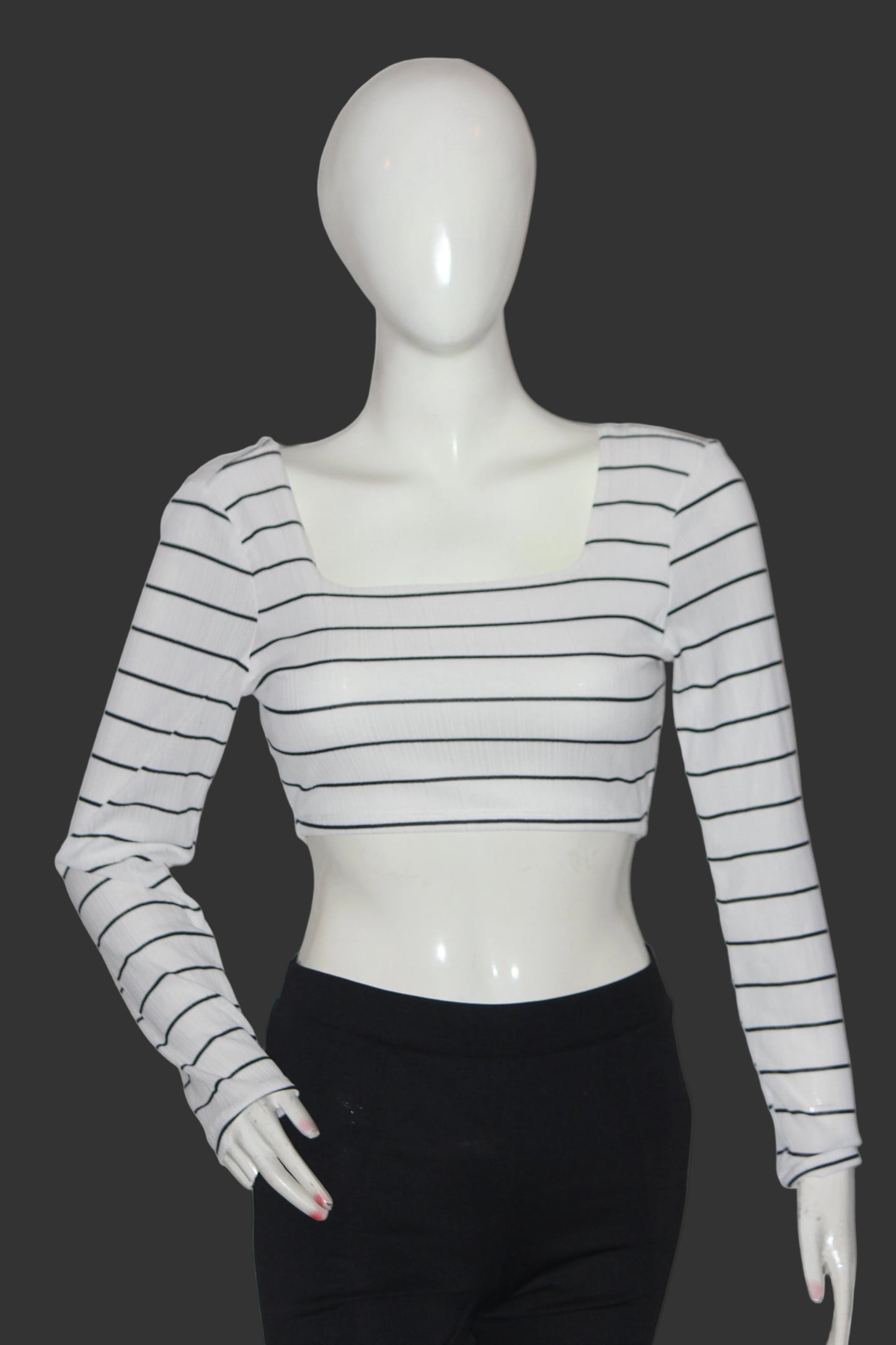 Primark White Striped Full Sleeve Stretch Crop Top