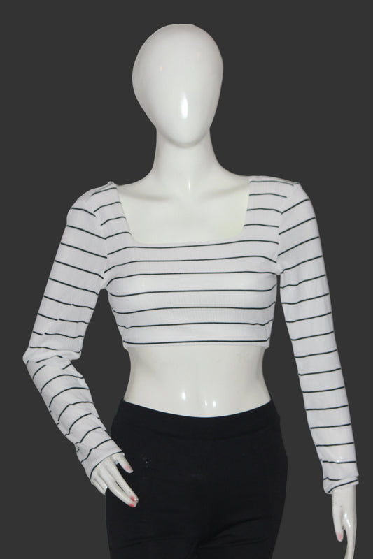 Primark White Striped Full Sleeve Stretch Crop Top