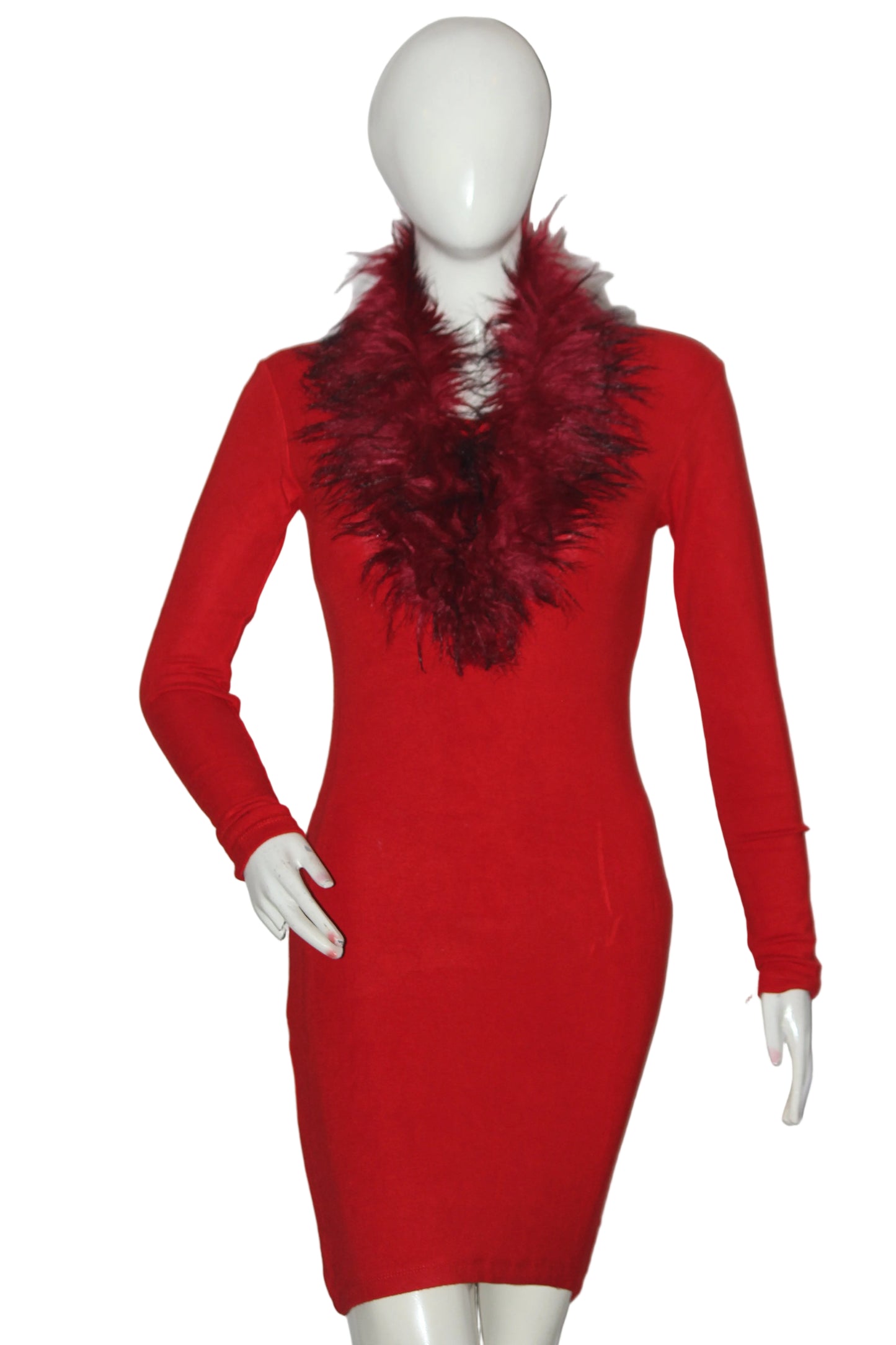 Thriftyfy Red Full Sleeve Bodycon Dress with Fur Collar