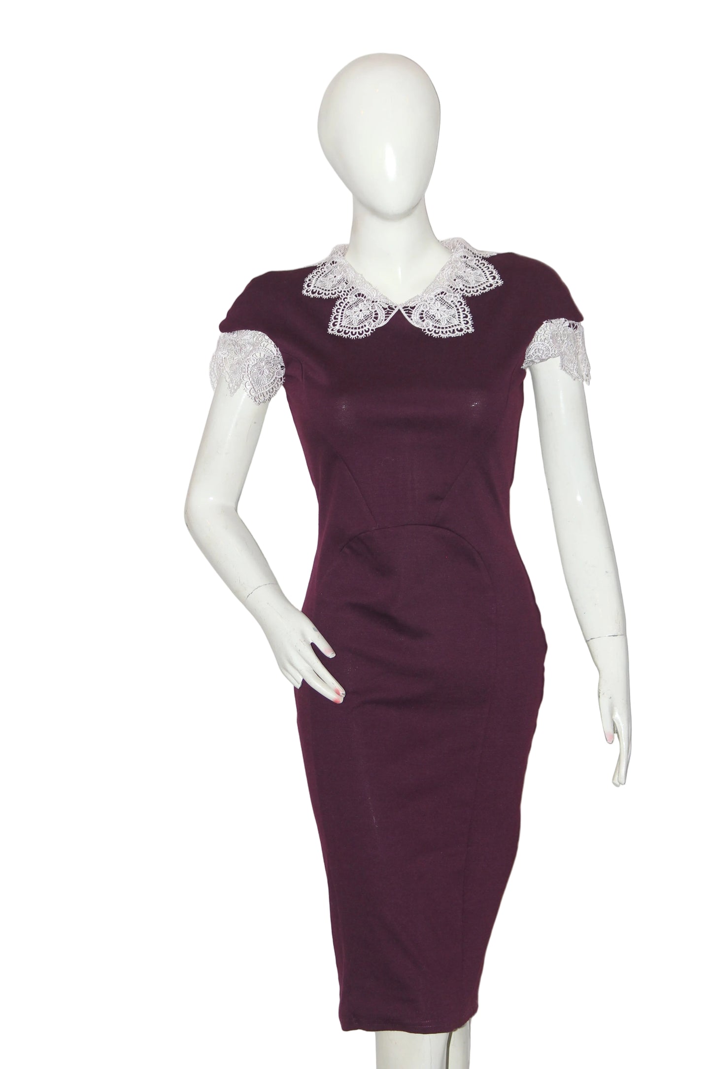 Thriftyfy Maroon Long Bodycon Dress with Crochet Detail