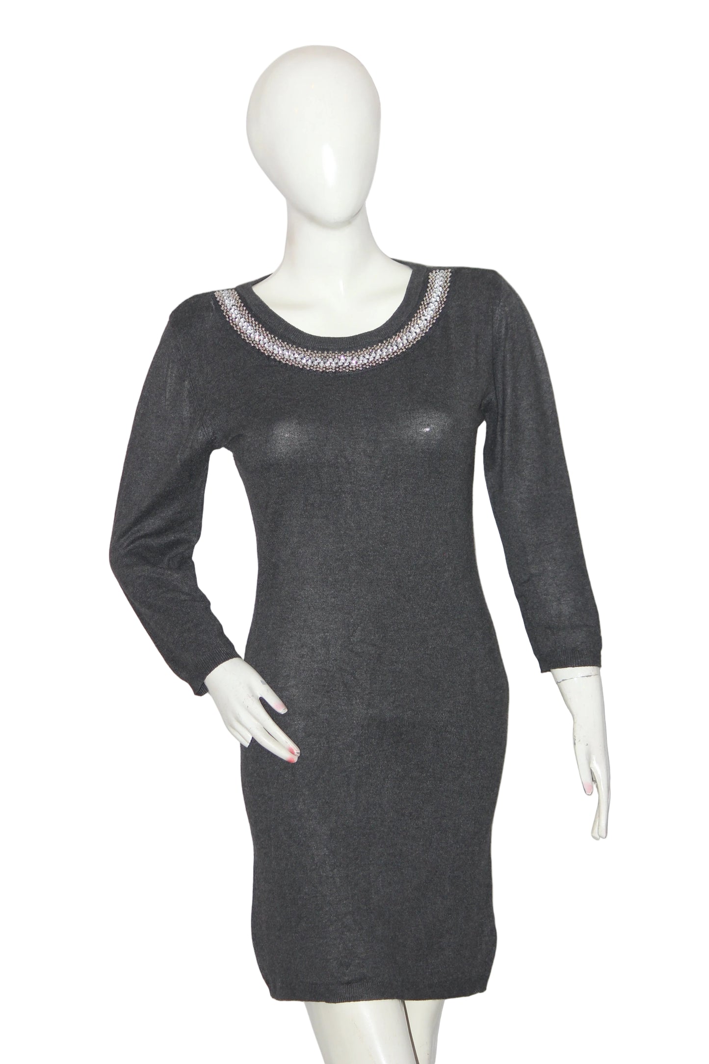 Chicoree Grey Full Sleeve Bodycon Dress with Beaded Collar