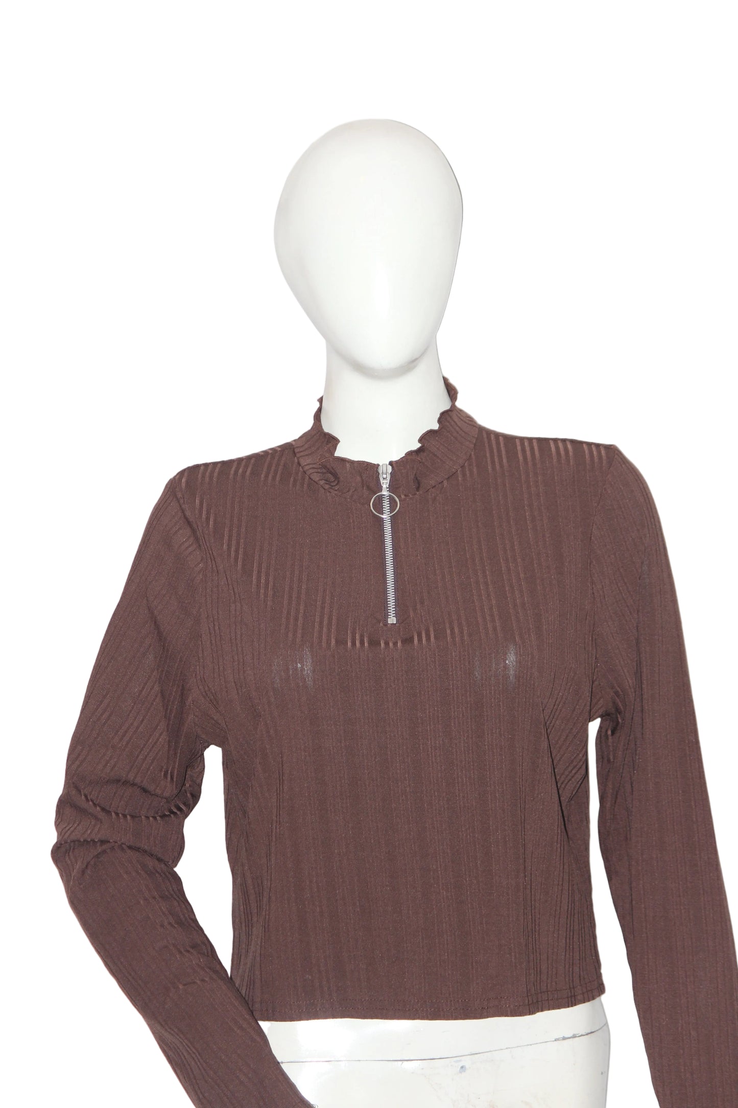 New Look Brown Quarter Zip Stretch Crop Top