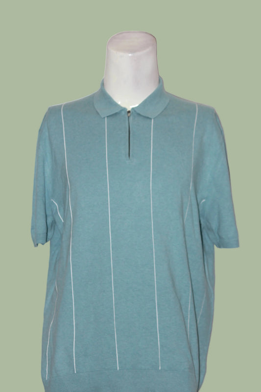 M&S Blue Striped Quarter Zip Polo T-Shirt
