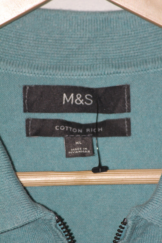 M&S Blue Striped Quarter Zip Polo T-Shirt
