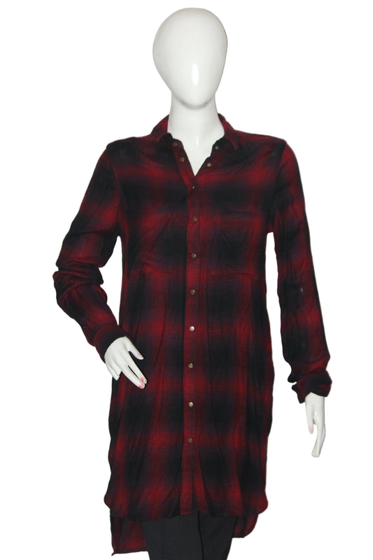 River Island Small Red and Black Long Button-Down Shirt