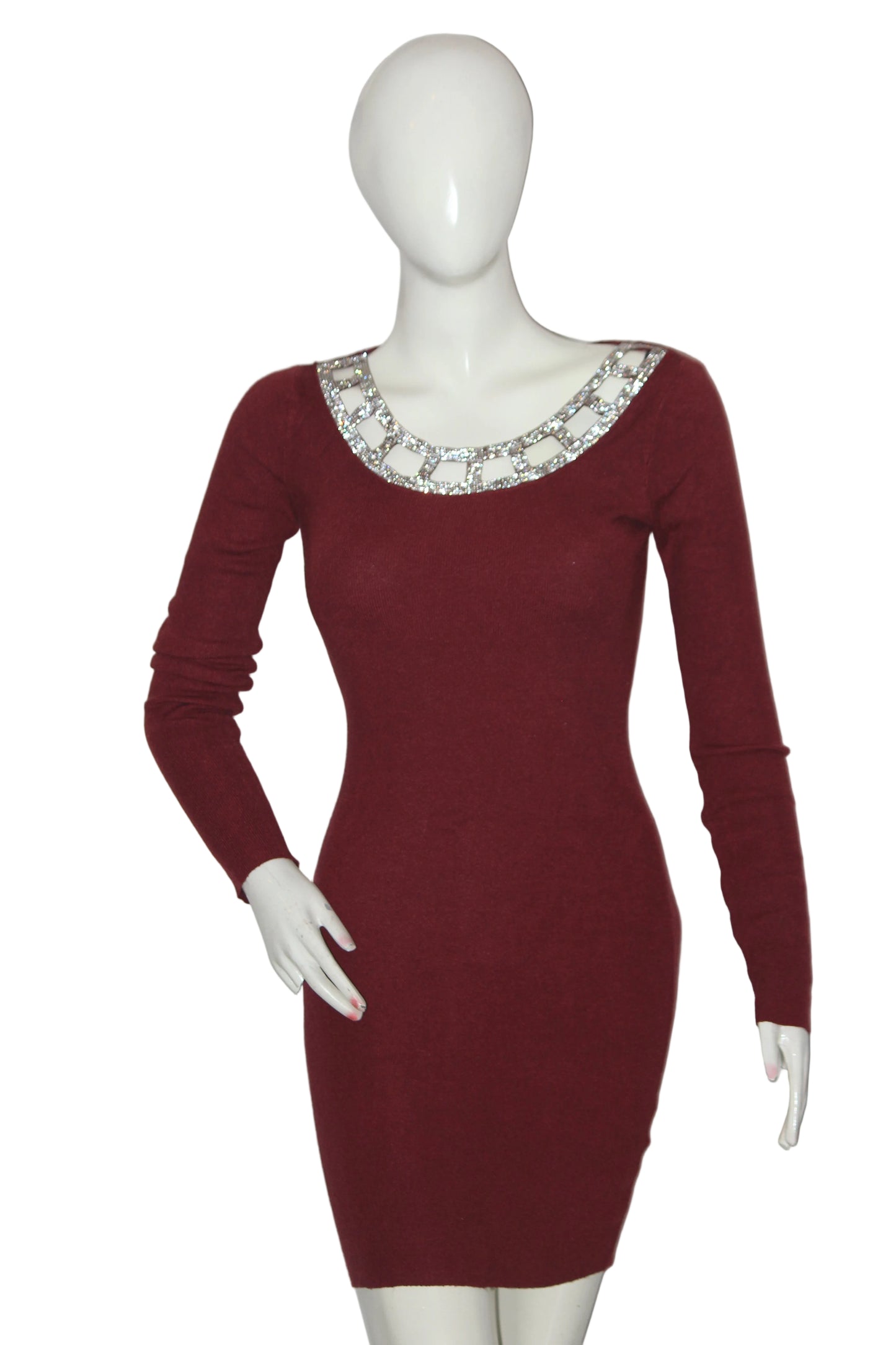 TU Maroon Full Sleeve Beaded Neck Bodycon Dress