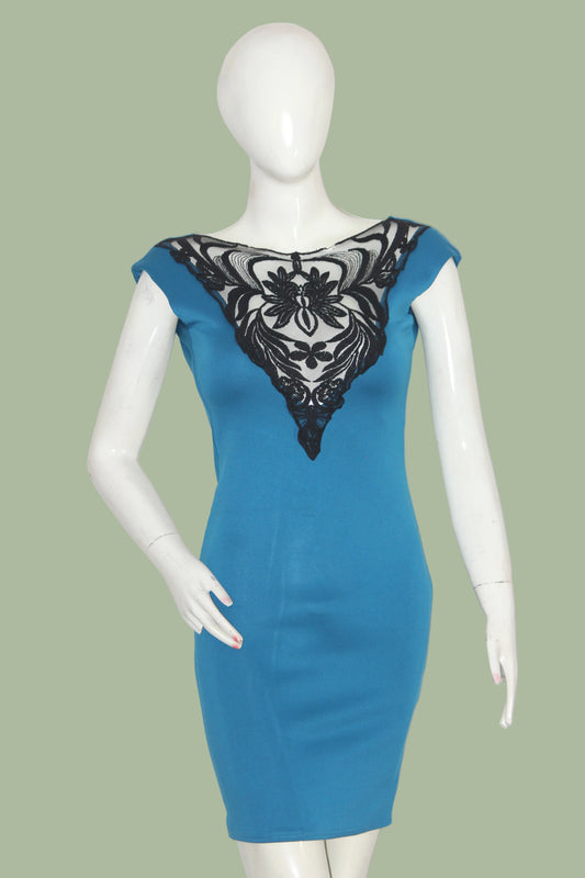 Thriftyfy Blue Sleeveless Bodycon Dress with Net Neck