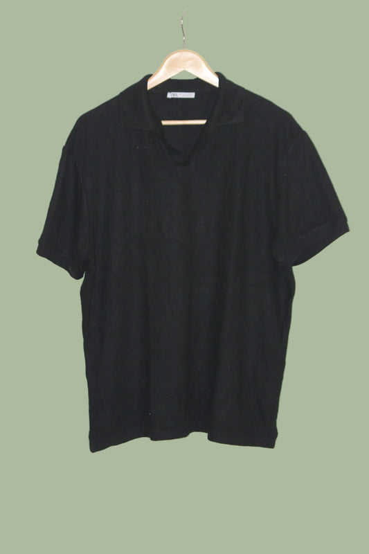 Zara Black Stretchable Knitted Polo T-Shirt for Men – XL