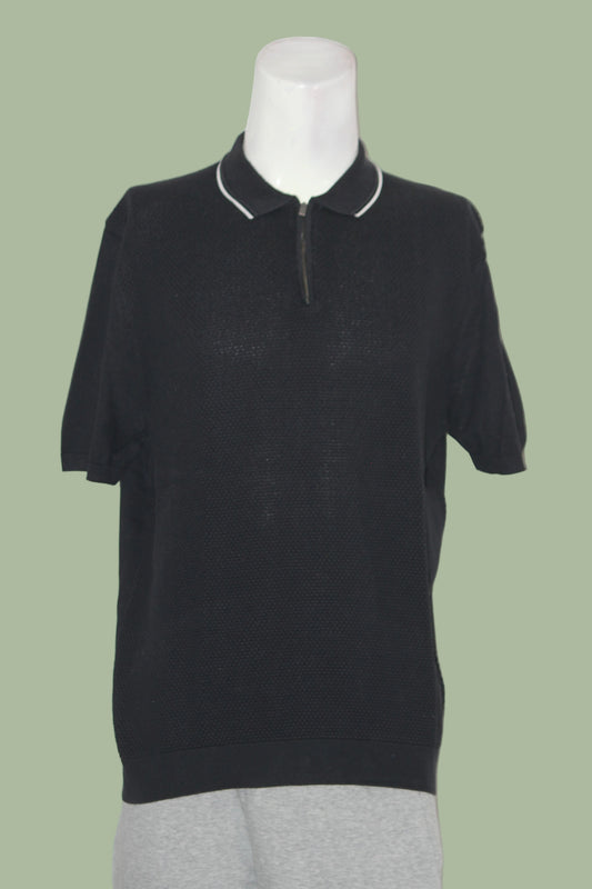 M&S Black Quarter Zip Knitted Polo T-Shirt for Men