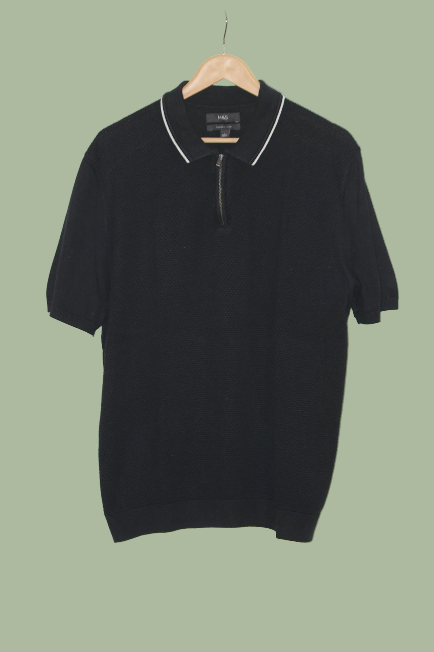 M&S Black Quarter Zip Knitted Polo T-Shirt for Men