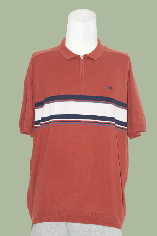 Easy Brown Quarter Zip Striped Knitted Polo T-Shirt for Men