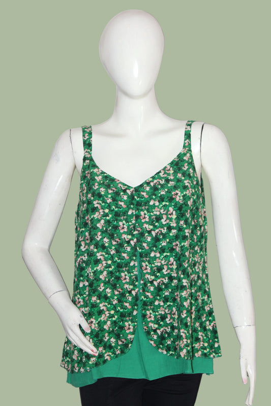 Nutmeg Green Sleeveless Floral Crop Top for Women – Medium