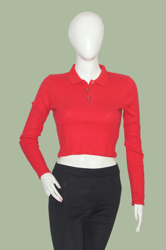 Topshop Red Full Sleeve Button Collar Crop Top – Medium