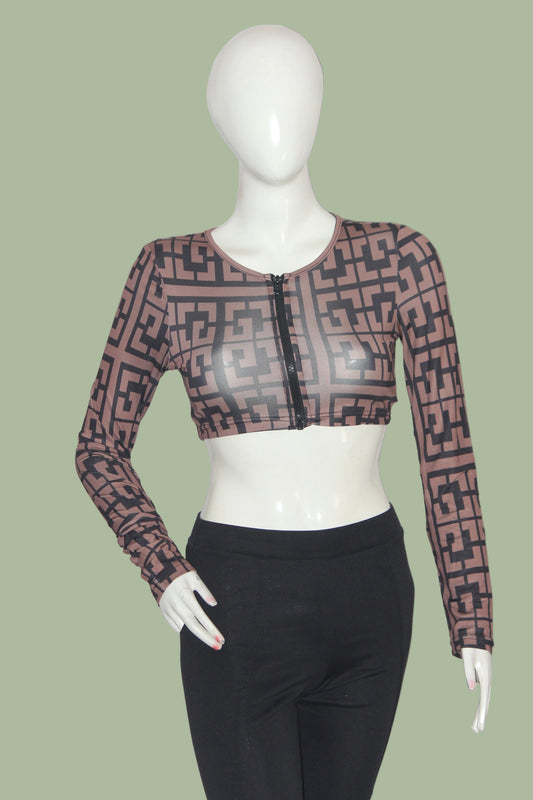 Shein Brown & Black Full Sleeve Stretchable Crop Top for Women – XS