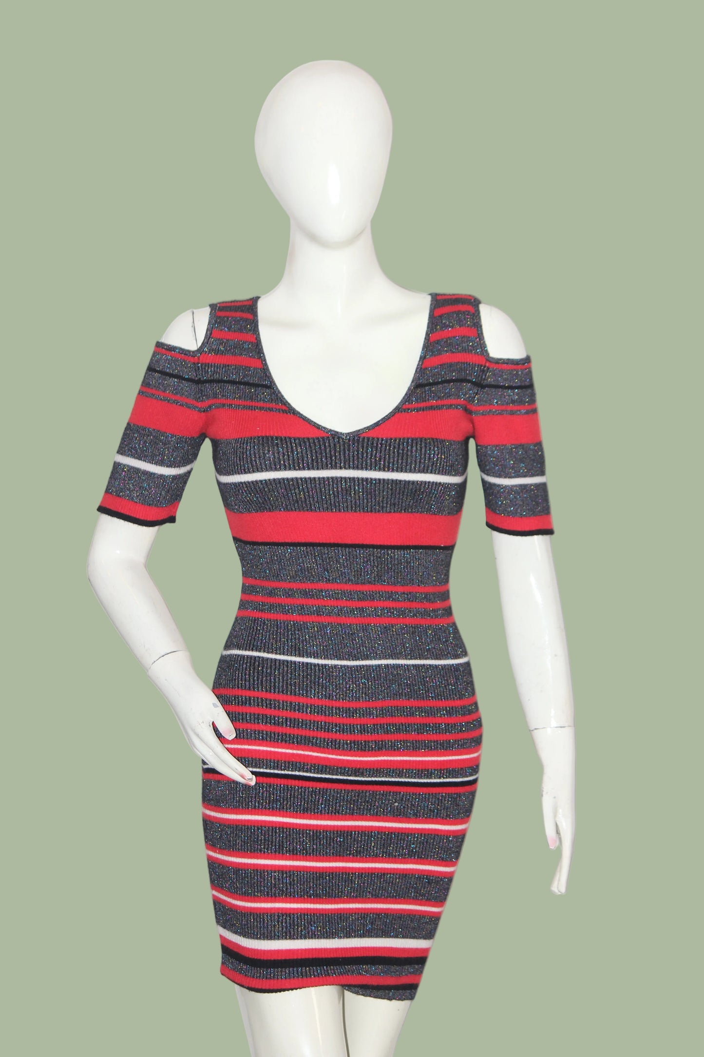 Extelle Red & Grey Striped Shoulder Cut Bodycon Dress