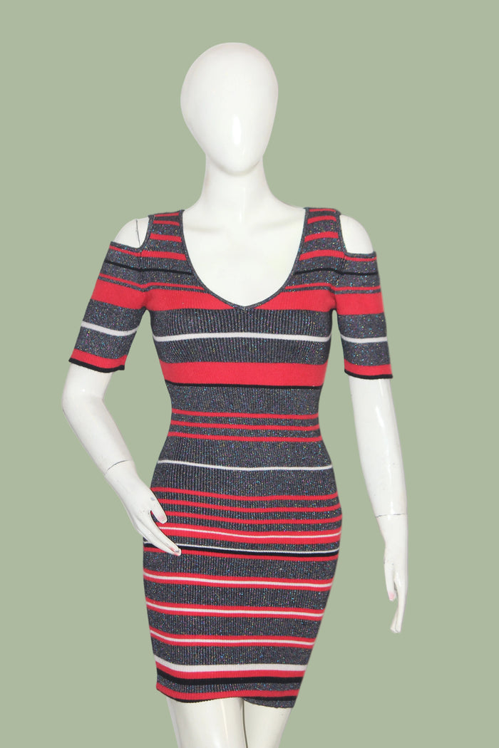Extelle Red & Grey Striped Shoulder Cut Bodycon Dress