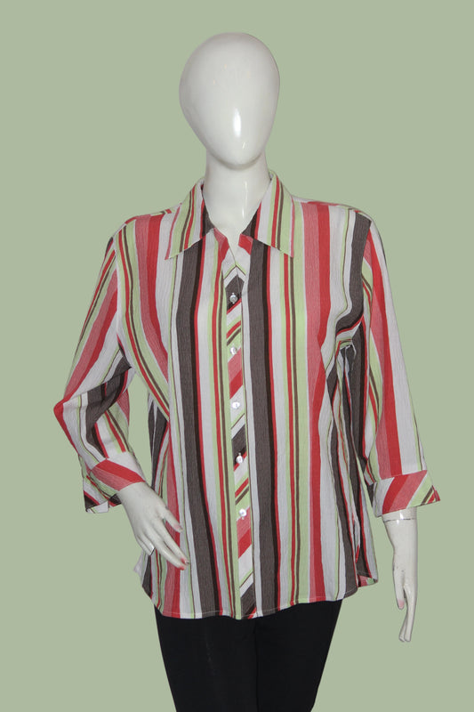 Barisal Red, Green, Brown & White Striped Button Down Shirt – Medium