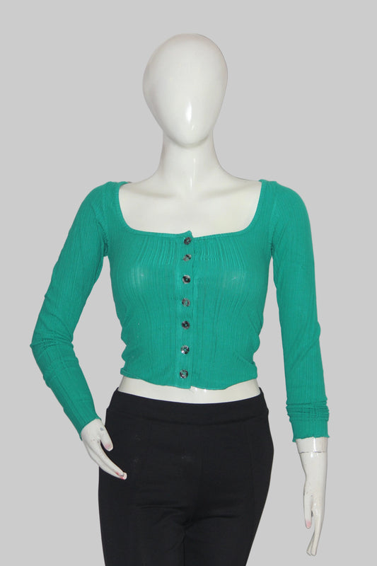 Dunnes Green Button Down Full Sleeve Crop Top for Women – XS