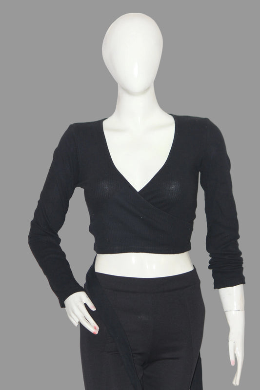 Zara Black Full Sleeve Cotton Crop Top for Women – Small