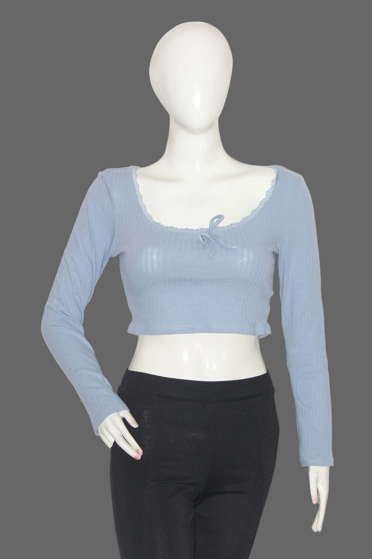 Shein Sky Blue Full Sleeve Cotton Crop Top for Women – Small